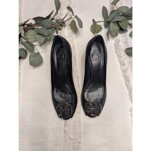 Tory Burch Peep Toe Wedge in Black Leather